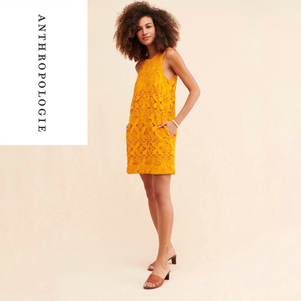 NWT Anthropologie Lace Floral Gold Shift Mini Dress